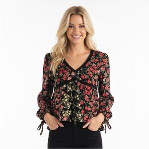 Patrons of Peace size small black floral boho top